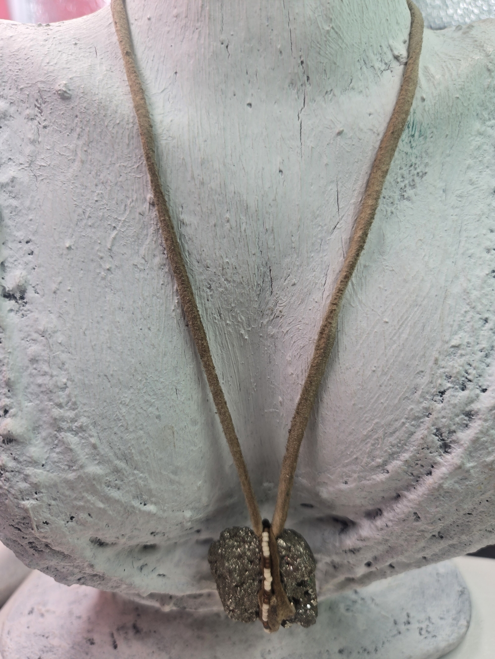 Neutral Suede Cord Necklace with Pyrite Stone Pendant